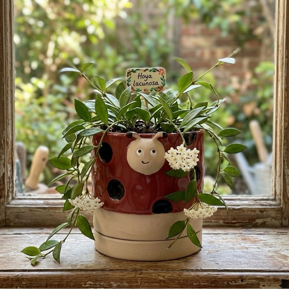 Ladybug Ceramic Barrel Planter with Attached Saucer - 6" Red and Beige Beetle